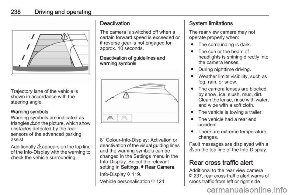 OPEL INSIGNIA 2019 Owners Manual 238Driving and operating
Trajectory lane of the vehicle is
shown in accordance with the
steering angle.
Warning symbols
Warning symbols are indicated as
triangles 9 on the picture, which show
obstacl OPEL INSIGNIA 2019 Owners Manual 238Driving and operating
Trajectory lane of the vehicle is
shown in accordance with the
steering angle.
Warning symbols
Warning symbols are indicated as
triangles 9 on the picture, which show
obstacl