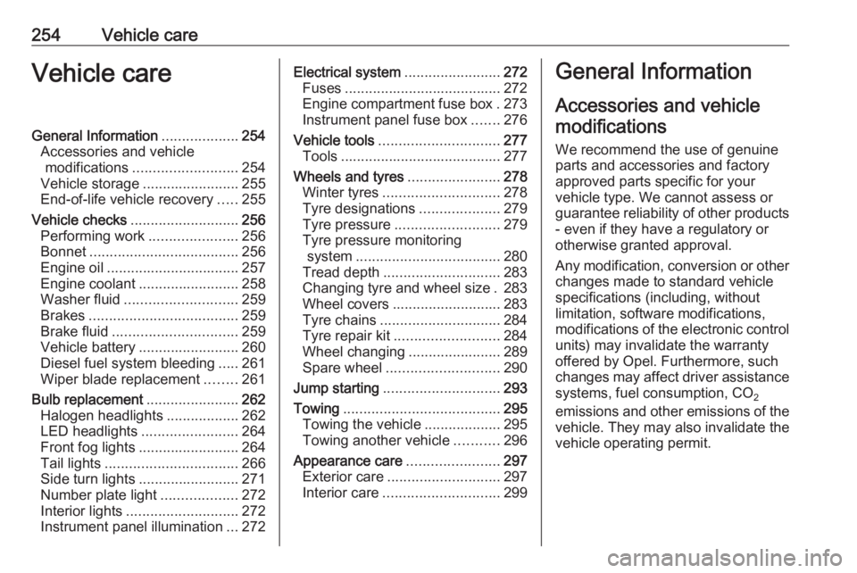 OPEL INSIGNIA 2019  Owners Manual 254Vehicle careVehicle careGeneral Information...................254
Accessories and vehicle modifications .......................... 254
Vehicle storage ........................255
End-of-life vehicl