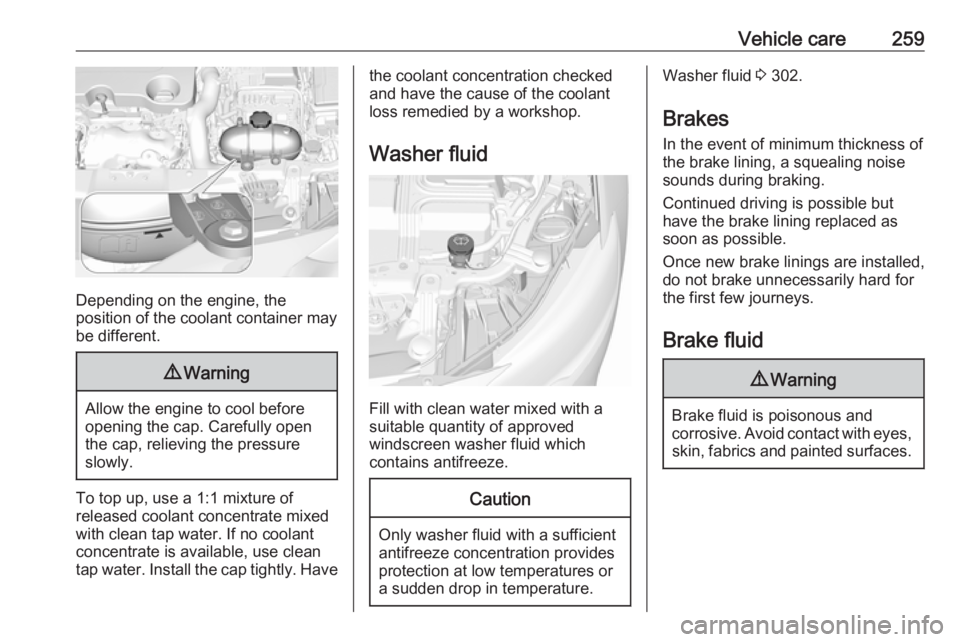 OPEL INSIGNIA 2019 Owners Manual Vehicle care259
Depending on the engine, the
position of the coolant container may be different.
9 Warning
Allow the engine to cool before
opening the cap. Carefully open
the cap, relieving the pressu OPEL INSIGNIA 2019 Owners Manual Vehicle care259
Depending on the engine, the
position of the coolant container may be different.
9 Warning
Allow the engine to cool before
opening the cap. Carefully open
the cap, relieving the pressu