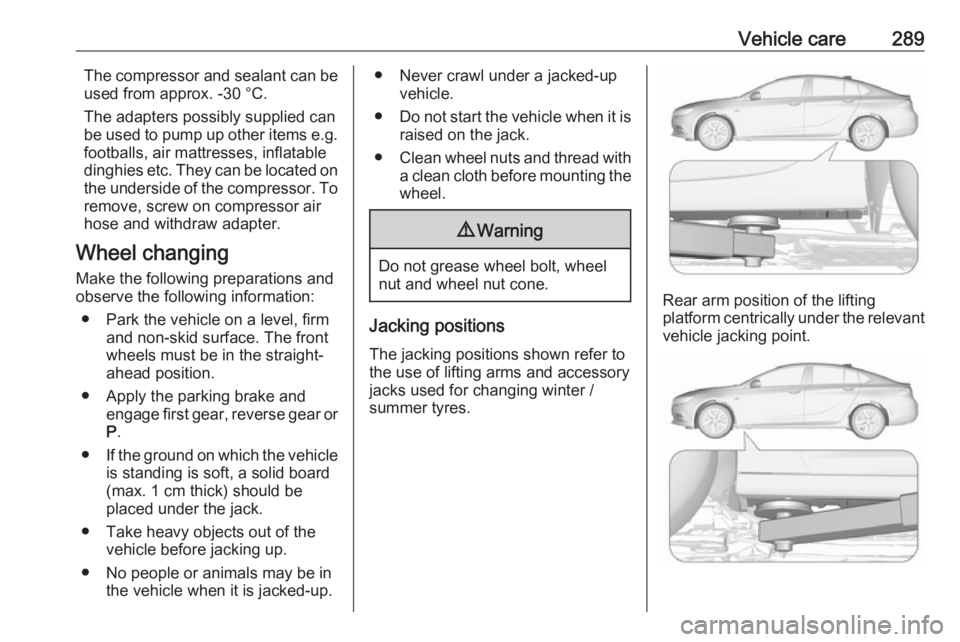 OPEL INSIGNIA 2019 Owners Manual Vehicle care289The compressor and sealant can be
used from approx. -30 °C.
The adapters possibly supplied can
be used to pump up other items e.g. footballs, air mattresses, inflatable
dinghies etc. T OPEL INSIGNIA 2019 Owners Manual Vehicle care289The compressor and sealant can be
used from approx. -30 °C.
The adapters possibly supplied can
be used to pump up other items e.g. footballs, air mattresses, inflatable
dinghies etc. T