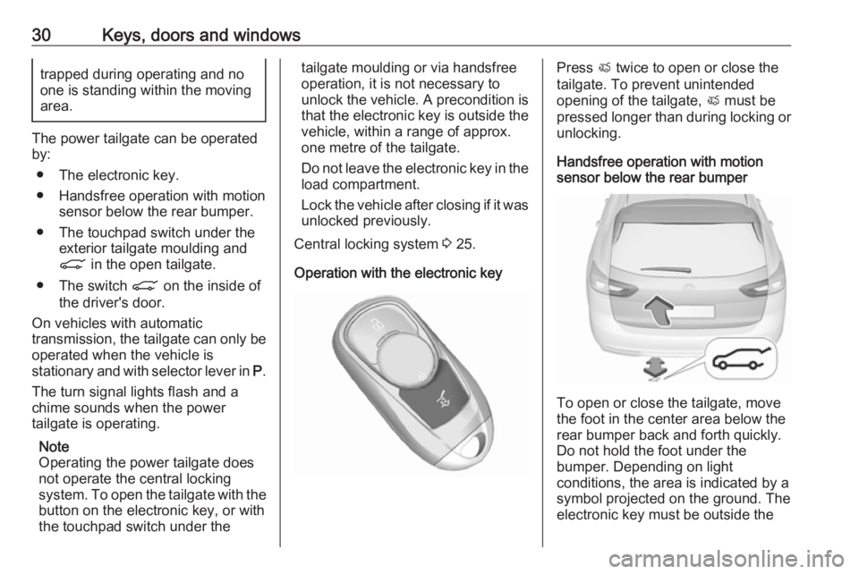 OPEL INSIGNIA 2019 Owners Guide 30Keys, doors and windowstrapped during operating and no
one is standing within the moving
area.
The power tailgate can be operated
by:
● The electronic key.
● Handsfree operation with motion sens