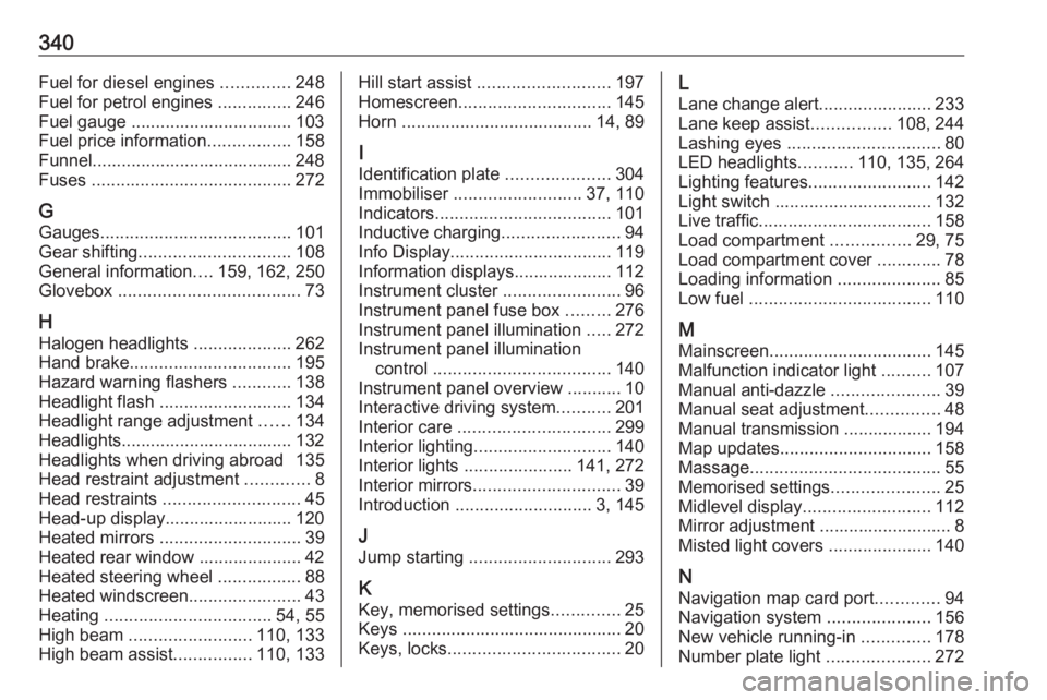 OPEL INSIGNIA 2019 Owners Manual 340Fuel for diesel engines ..............248
Fuel for petrol engines ...............246
Fuel gauge ................................. 103
Fuel price information .................158
Funnel............ OPEL INSIGNIA 2019 Owners Manual 340Fuel for diesel engines ..............248
Fuel for petrol engines ...............246
Fuel gauge ................................. 103
Fuel price information .................158
Funnel............
