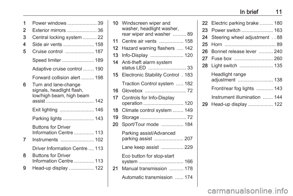 OPEL INSIGNIA 2018 User Guide In brief111Power windows .....................39
2 Exterior mirrors .....................36
3 Central locking system ..........22
4 Side air vents ...................... 158
5 Cruise control ........ OPEL INSIGNIA 2018 User Guide In brief111Power windows .....................39
2 Exterior mirrors .....................36
3 Central locking system ..........22
4 Side air vents ...................... 158
5 Cruise control ........
