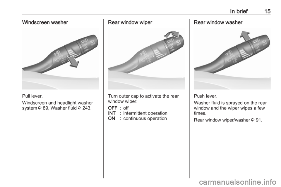 OPEL INSIGNIA 2018 User Guide In brief15Windscreen washer
Pull lever.
Windscreen and headlight washer
system  3 89, Washer fluid  3 243.
Rear window wiper
Turn outer cap to activate the rear
window wiper:
OFF:offINT:intermittent o