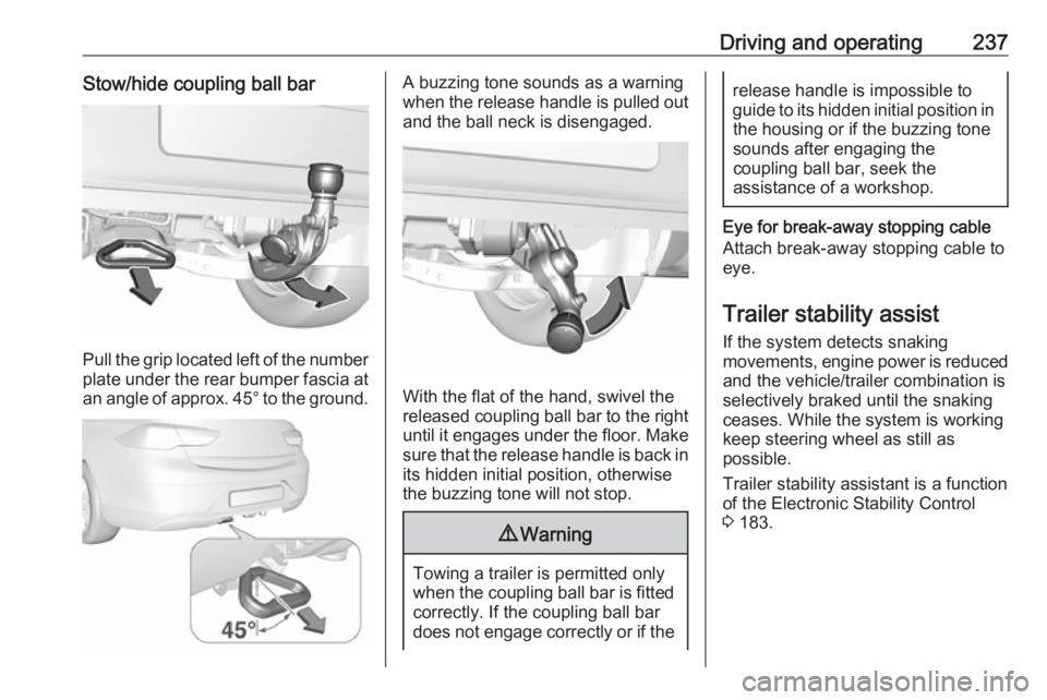 OPEL INSIGNIA 2018 Owners Manual Driving and operating237Stow/hide coupling ball bar
Pull the grip located left of the number
plate under the rear bumper fascia at an angle of approx. 45° to the ground.
A buzzing tone sounds as a w OPEL INSIGNIA 2018 Owners Manual Driving and operating237Stow/hide coupling ball bar
Pull the grip located left of the number
plate under the rear bumper fascia at an angle of approx. 45° to the ground.
A buzzing tone sounds as a w