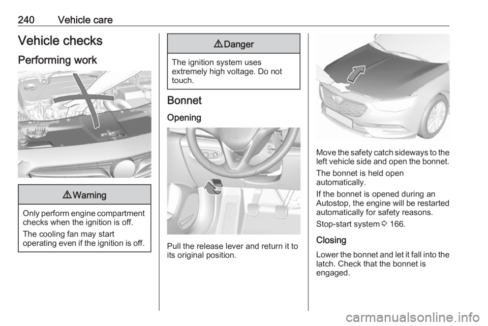 OPEL INSIGNIA 2018 Owners Manual 240Vehicle careVehicle checks
Performing work9 Warning
Only perform engine compartment
checks when the ignition is off.
The cooling fan may start
operating even if the ignition is off.
9 Danger
The ig OPEL INSIGNIA 2018 Owners Manual 240Vehicle careVehicle checks
Performing work9 Warning
Only perform engine compartment
checks when the ignition is off.
The cooling fan may start
operating even if the ignition is off.
9 Danger
The ig