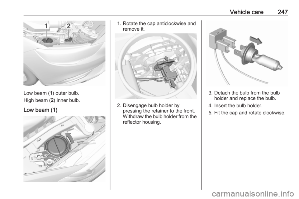 OPEL INSIGNIA 2018 Owners Manual Vehicle care247
Low beam (1) outer bulb.
High beam ( 2) inner bulb.
Low beam (1)
1. Rotate the cap anticlockwise and remove it.
2. Disengage bulb holder bypressing the retainer to the front.
Withdraw OPEL INSIGNIA 2018 Owners Manual Vehicle care247
Low beam (1) outer bulb.
High beam ( 2) inner bulb.
Low beam (1)
1. Rotate the cap anticlockwise and remove it.
2. Disengage bulb holder bypressing the retainer to the front.
Withdraw