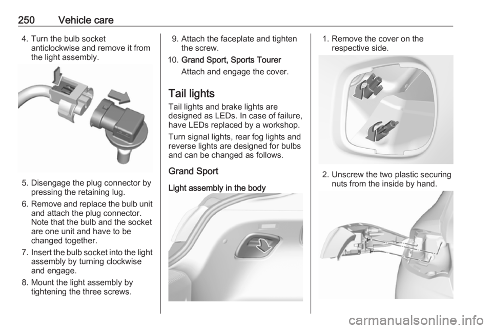 OPEL INSIGNIA 2018  Owners Manual 250Vehicle care4. Turn the bulb socketanticlockwise and remove it from
the light assembly.
5. Disengage the plug connector by pressing the retaining lug.
6. Remove and replace the bulb unit
and attach