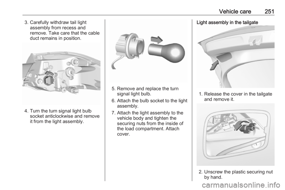 OPEL INSIGNIA 2018  Owners Manual Vehicle care2513. Carefully withdraw tail lightassembly from recess and
remove. Take care that the cable
duct remains in position.
4. Turn the turn signal light bulb socket anticlockwise and removeit 