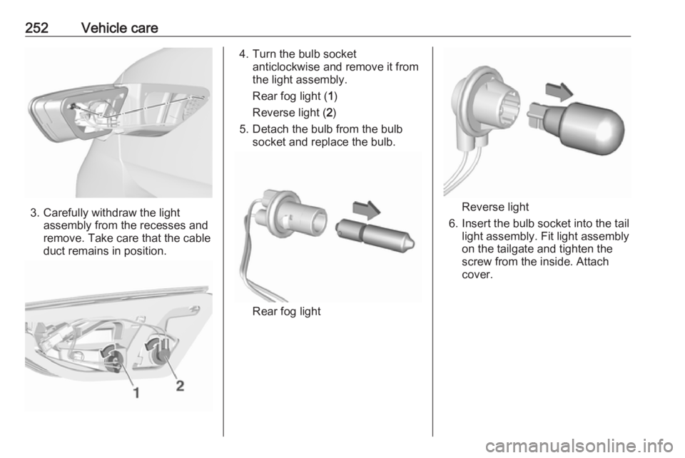 OPEL INSIGNIA 2018  Owners Manual 252Vehicle care
3. Carefully withdraw the lightassembly from the recesses and
remove. Take care that the cable
duct remains in position.
4. Turn the bulb socket anticlockwise and remove it from
the li