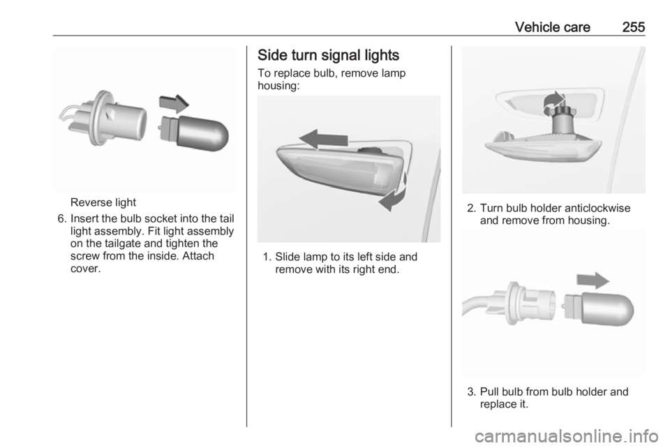 OPEL INSIGNIA 2018  Owners Manual Vehicle care255
Reverse light
6. Insert the bulb socket into the tail light assembly. Fit light assembly
on the tailgate and tighten the
screw from the inside. Attach
cover.
Side turn signal lights
To