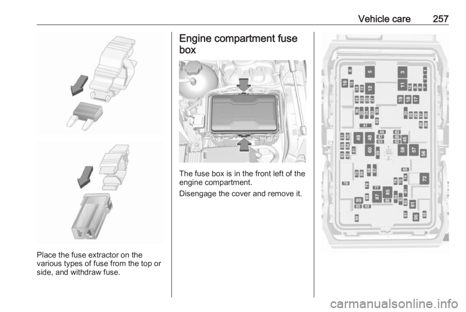 OPEL INSIGNIA 2018  Owners Manual Vehicle care257
Place the fuse extractor on the
various types of fuse from the top or
side, and withdraw fuse.
Engine compartment fuse
box
The fuse box is in the front left of the
engine compartment.
