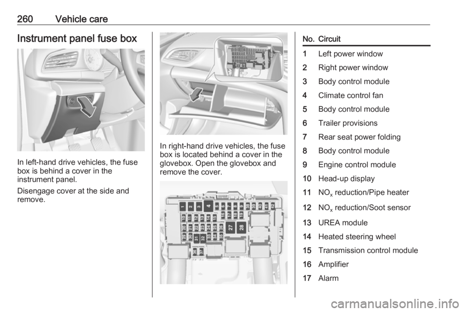 OPEL INSIGNIA 2018 Service Manual 260Vehicle careInstrument panel fuse box
In left-hand drive vehicles, the fuse
box is behind a cover in the
instrument panel.
Disengage cover at the side and
remove.
In right-hand drive vehicles, the OPEL INSIGNIA 2018 Service Manual 260Vehicle careInstrument panel fuse box
In left-hand drive vehicles, the fuse
box is behind a cover in the
instrument panel.
Disengage cover at the side and
remove.
In right-hand drive vehicles, the