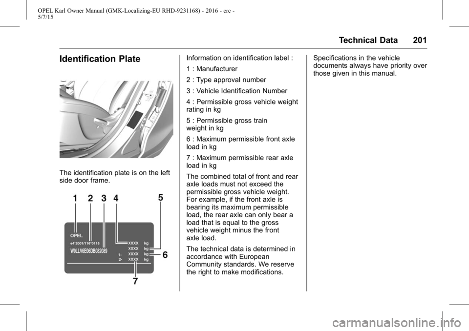 OPEL KARL 2015  Owners Manual OPEL Karl Owner Manual (GMK-Localizing-EU RHD-9231168) - 2016 - crc -
5/7/15
Technical Data 201
Identification Plate
The identification plate is on the left
side door frame.
Information on identificat