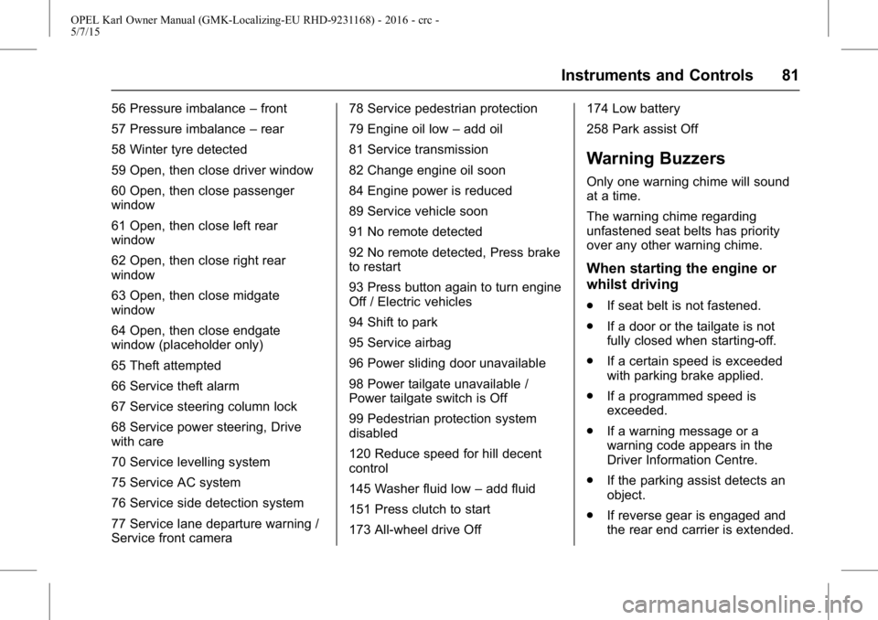OPEL KARL 2015  Owners Manual OPEL Karl Owner Manual (GMK-Localizing-EU RHD-9231168) - 2016 - crc -
5/7/15
Instruments and Controls 81
56 Pressure imbalance–front
57 Pressure imbalance –rear
58 Winter tyre detected
59 Open, th
