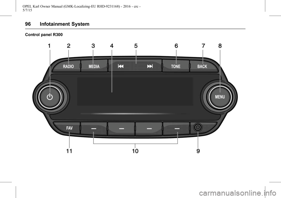OPEL KARL 2015 Owners Manual OPEL Karl Owner Manual (GMK-Localizing-EU RHD-9231168) - 2016 - crc -
5/7/15
96 Infotainment System
Control panel R300 OPEL KARL 2015 Owners Manual OPEL Karl Owner Manual (GMK-Localizing-EU RHD-9231168) - 2016 - crc -
5/7/15
96 Infotainment System
Control panel R300