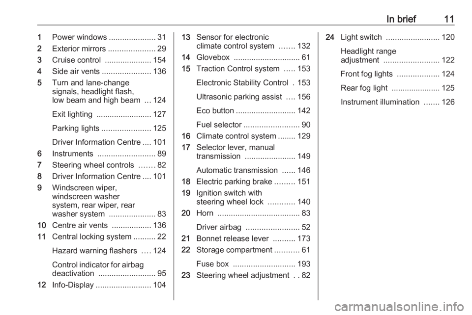 OPEL MERIVA 2017 User Guide In brief111Power windows .....................31
2 Exterior mirrors .....................29
3 Cruise control .....................154
4 Side air vents ...................... 136
5 Turn and lane-chang OPEL MERIVA 2017 User Guide In brief111Power windows .....................31
2 Exterior mirrors .....................29
3 Cruise control .....................154
4 Side air vents ...................... 136
5 Turn and lane-chang