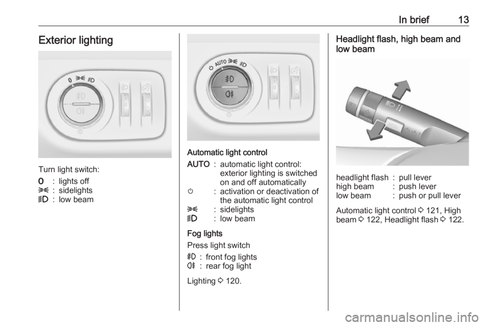 OPEL MERIVA 2017 User Guide In brief13Exterior lighting
Turn light switch:
7:lights off8:sidelights9:low beam
Automatic light control
AUTO:automatic light control:
exterior lighting is switched
on and off automaticallym:activati