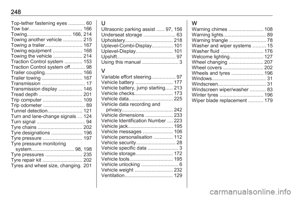 OPEL MERIVA 2017 Owners Manual 248Top-tether fastening eyes ............60
Tow bar....................................... 166
Towing ................................ 166, 214
Towing another vehicle .............215
Towing a traile OPEL MERIVA 2017 Owners Manual 248Top-tether fastening eyes ............60
Tow bar....................................... 166
Towing ................................ 166, 214
Towing another vehicle .............215
Towing a traile