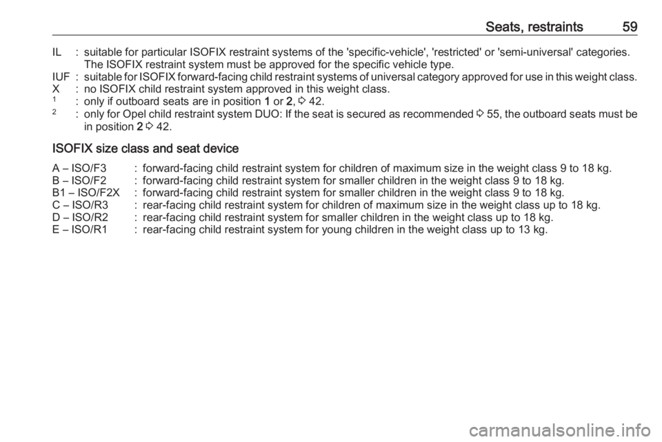 OPEL MERIVA 2017 Repair Manual Seats, restraints59IL:suitable for particular ISOFIX restraint systems of the 'specific-vehicle', 'restricted' or 'semi-universal' categories.The ISOFIX restraint system must b OPEL MERIVA 2017 Repair Manual Seats, restraints59IL:suitable for particular ISOFIX restraint systems of the 'specific-vehicle', 'restricted' or 'semi-universal' categories.The ISOFIX restraint system must b