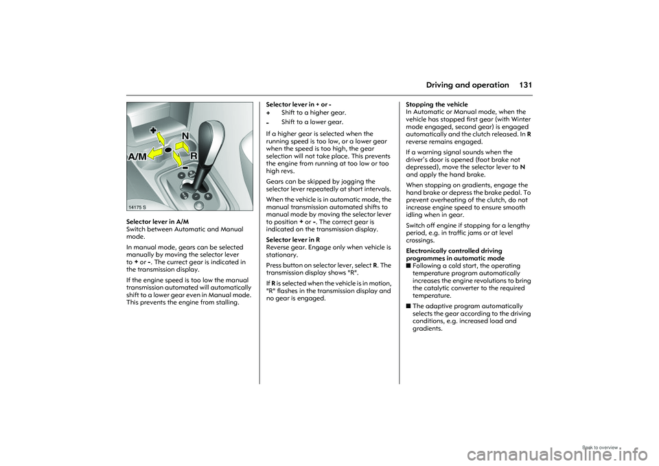 OPEL MERIVA 2009 Owners Manual 131
Driving and operation
Picture no: 14175s.tif
Selector lever in A/M
Switch between Automatic and Manual
mode.
In manual mode, gears can be selected
manually by moving the selector lever
to
+or
OPEL MERIVA 2009 Owners Manual 131
Driving and operation
Picture no: 14175s.tif
Selector lever in A/M
Switch between Automatic and Manual
mode.
In manual mode, gears can be selected
manually by moving the selector lever
to
+or