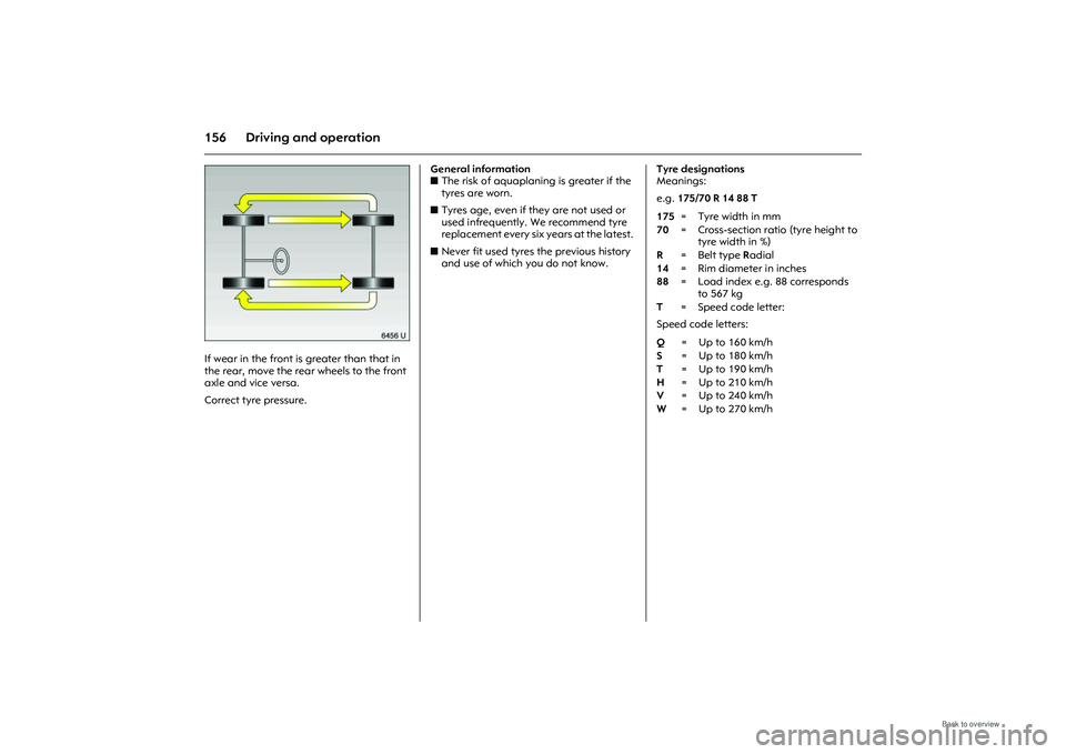 OPEL MERIVA 2009  Owners Manual 156 Driving and operation
Picture no: 6456u.tif
If wear in the front is greater than that in 
the rear, move the rear wheels to the front 
axle and vice versa. 
Correct tyre pressure. General informat
