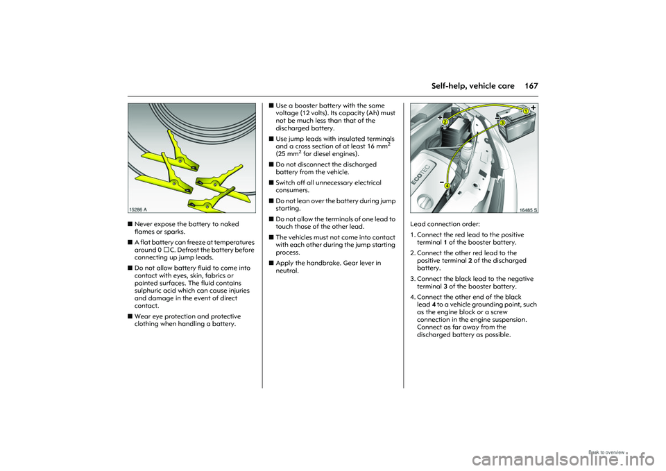 OPEL MERIVA 2009  Owners Manual 167
Self-help, vehicle care
Picture no: 15286a.tif
zNever expose the battery to naked 
flames or sparks. 
z A flat battery can fr eeze at temperatures 
around 0 C. Defrost the battery before 
connect