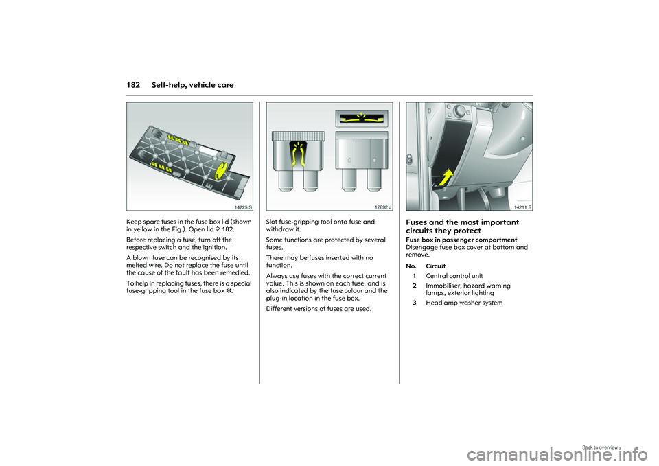 OPEL MERIVA 2009 Owners Manual 182 Self-help, vehicle care
Picture no: 14725s.tif
Keep spare fuses in the fuse box lid (shown
in yellow in the Fig.). Open lid 3182.
Before replacing a fuse, turn off the
respective switch and the OPEL MERIVA 2009 Owners Manual 182 Self-help, vehicle care
Picture no: 14725s.tif
Keep spare fuses in the fuse box lid (shown
in yellow in the Fig.). Open lid 3182.
Before replacing a fuse, turn off the
respective switch and the