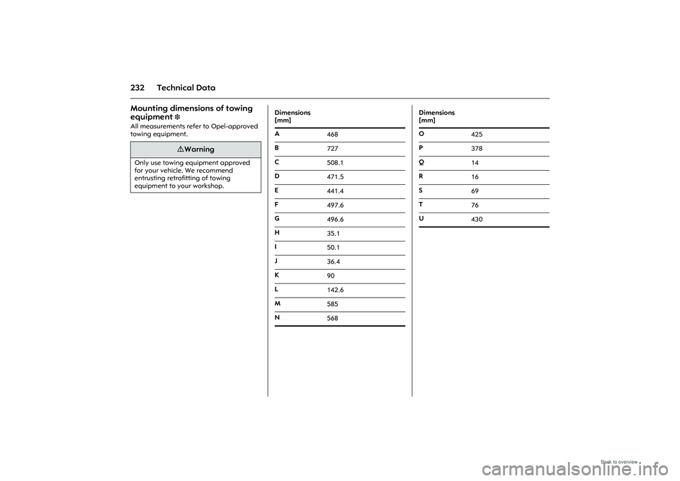 OPEL MERIVA 2009 Owners Manual 232 Technical DataMounting dimensions of towing
equipment
3
All measurements refer to Opel-approved
towing equipment.
9 Warning
Only use towing equipment approved
for your vehicle. We recommend OPEL MERIVA 2009 Owners Manual 232 Technical DataMounting dimensions of towing
equipment
3
All measurements refer to Opel-approved
towing equipment.
9 Warning
Only use towing equipment approved
for your vehicle. We recommend