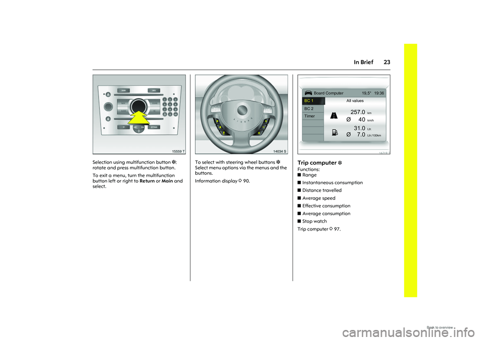 OPEL MERIVA 2009 Owners Manual 23
In Brief
Picture no: 15559t.tif
Selection using multifunction button 3: 
rotate and press multifunction button.
To exit a menu, turn the multifunction 
button left or right to  Return or Main  and 