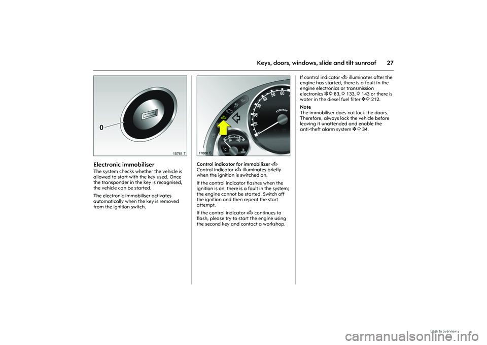 OPEL MERIVA 2009  Owners Manual 27
Keys, doors, windows, slide and tilt sunroof
Picture no: 15761t.tif
Electronic immobiliser The system checks whether the vehicle is 
allowed to start with the key used. Once 
the transponder in the