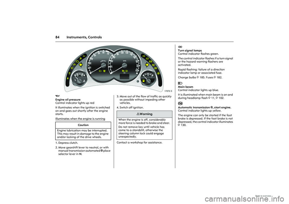 OPEL MERIVA 2009  Owners Manual 84 Instruments, Controls
Picture no: 17876s.tif
I
 
Engine oil pressure 
Control indicator lights up red 
It illuminates when the  ignition is switched 
on and goes out shortly after the engine 
start