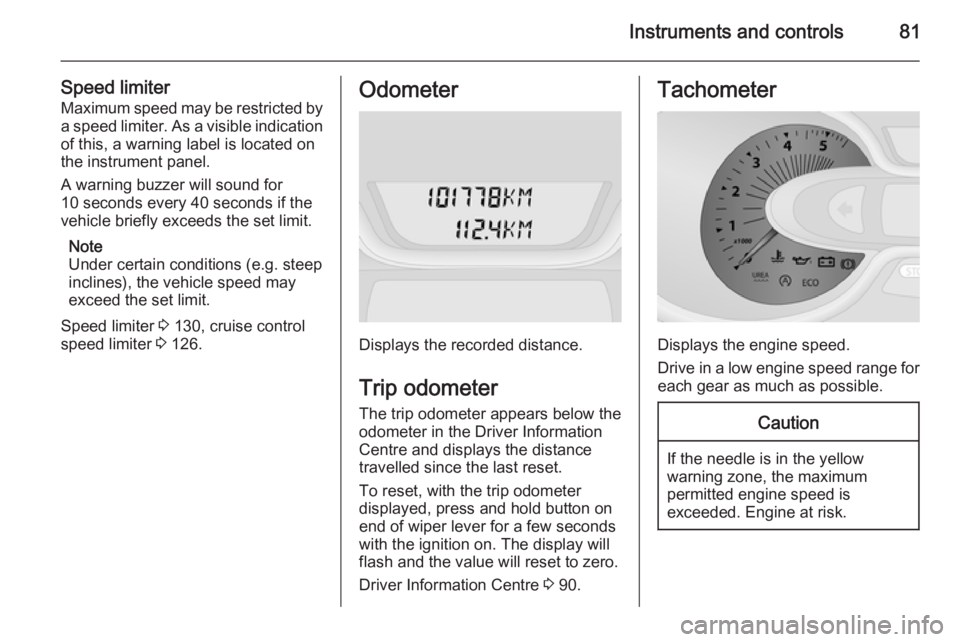 OPEL VIVARO 2015  Owners Manual Instruments and controls81
Speed limiterMaximum speed may be restricted by
a speed limiter. As a visible indication
of this, a warning label is located on
the instrument panel.
A warning buzzer will s