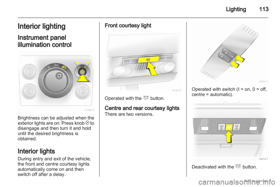 OPEL ZAFIRA 2009 Owners Manual Lighting
113
Interior lighting
Instrument panel
illumination control Brightness can be adjusted when the
exterior
lights are on: Press knob k to
disengage and then turn it and hold
until the desired OPEL ZAFIRA 2009 Owners Manual Lighting
113
Interior lighting
Instrument panel
illumination control Brightness can be adjusted when the
exterior
lights are on: Press knob k to
disengage and then turn it and hold
until the desired