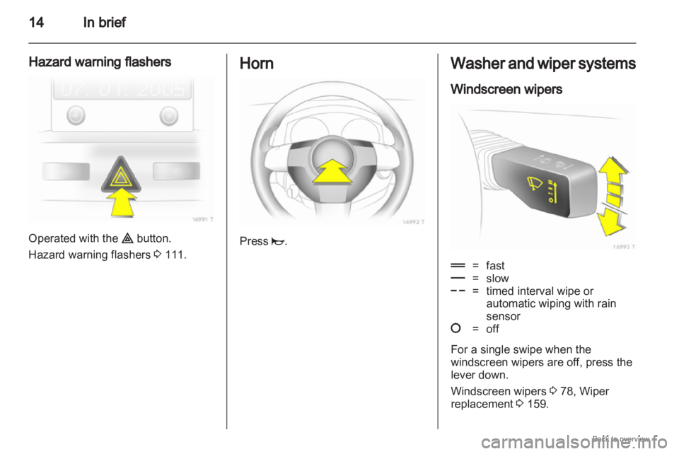OPEL ZAFIRA 2009 User Guide 14
In brief
Hazard warning flashers Operated with the ¨ button.
Hazard warning flashers 
3 111. Horn
Press j. Washer and wiper systems
Windscreen wipers
&
=
fast
% = slow
$ = timed interval wipe or
a
