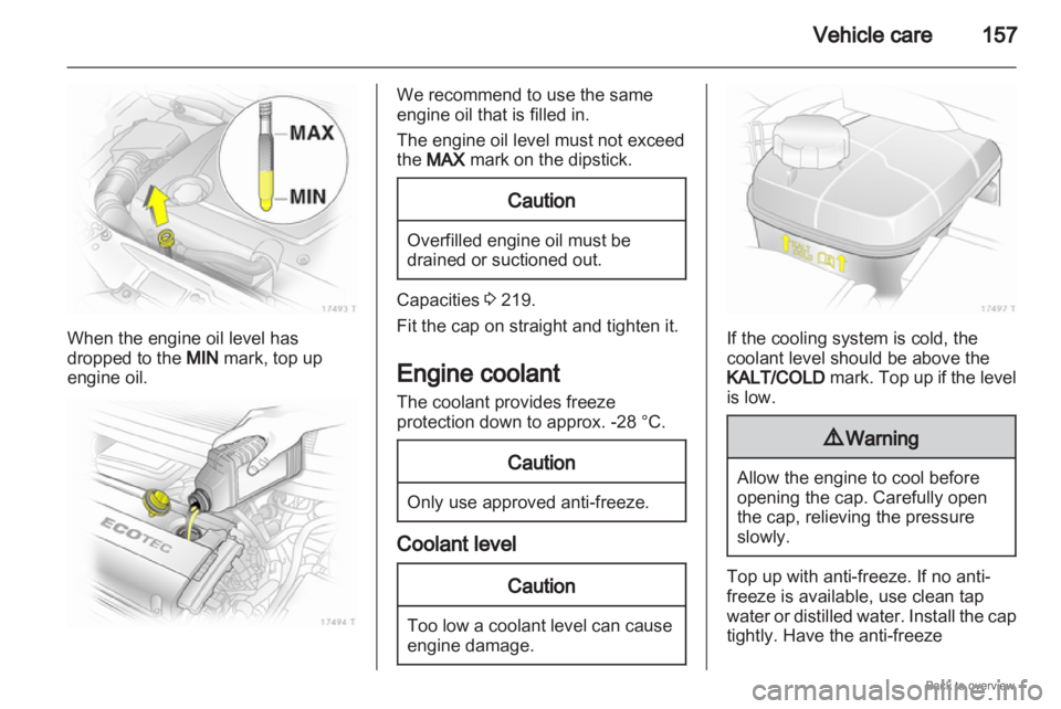 OPEL ZAFIRA 2009  Owners Manual Vehicle care
157When the engine oil level has
dropped to the 
MIN mark, top up
engine oil. We recommend to use the same
engine oil that is filled in.
The engine oil level must not exceed
the MAX mark 
