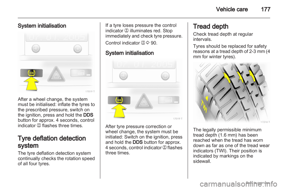 OPEL ZAFIRA 2009 Owners Manual Vehicle care
177
System initialisation After a wheel change, the system
must
be initialised: inflate the tyres to
the prescribed pressure, switch on
the ignition, press and hold the DDS
button for a OPEL ZAFIRA 2009 Owners Manual Vehicle care
177
System initialisation After a wheel change, the system
must
be initialised: inflate the tyres to
the prescribed pressure, switch on
the ignition, press and hold the DDS
button for a