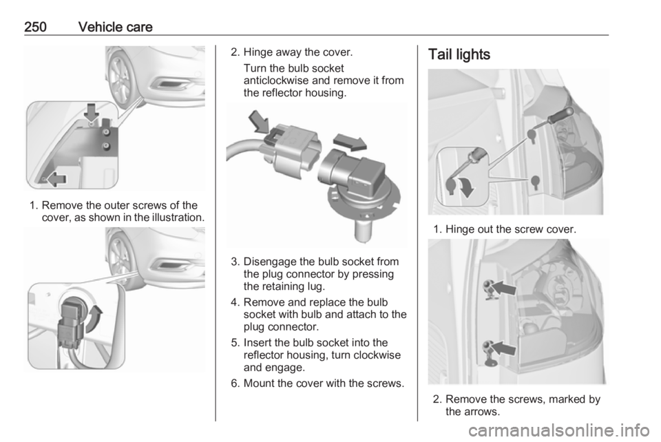 OPEL ZAFIRA TOURER 2019  Owners Manual 250Vehicle care
1. Remove the outer screws of thecover, as shown in the illustration.
2. Hinge away the cover.
Turn the bulb socket
anticlockwise and remove it from
the reflector housing.
3. Disengage