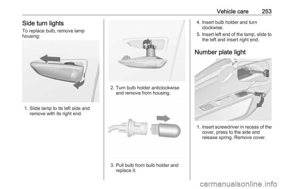 OPEL ZAFIRA TOURER 2019  Owners Manual Vehicle care253Side turn lights
To replace bulb, remove lamp
housing:
1. Slide lamp to its left side and remove with its right end.
2. Turn bulb holder anticlockwiseand remove from housing.
3. Pull bu