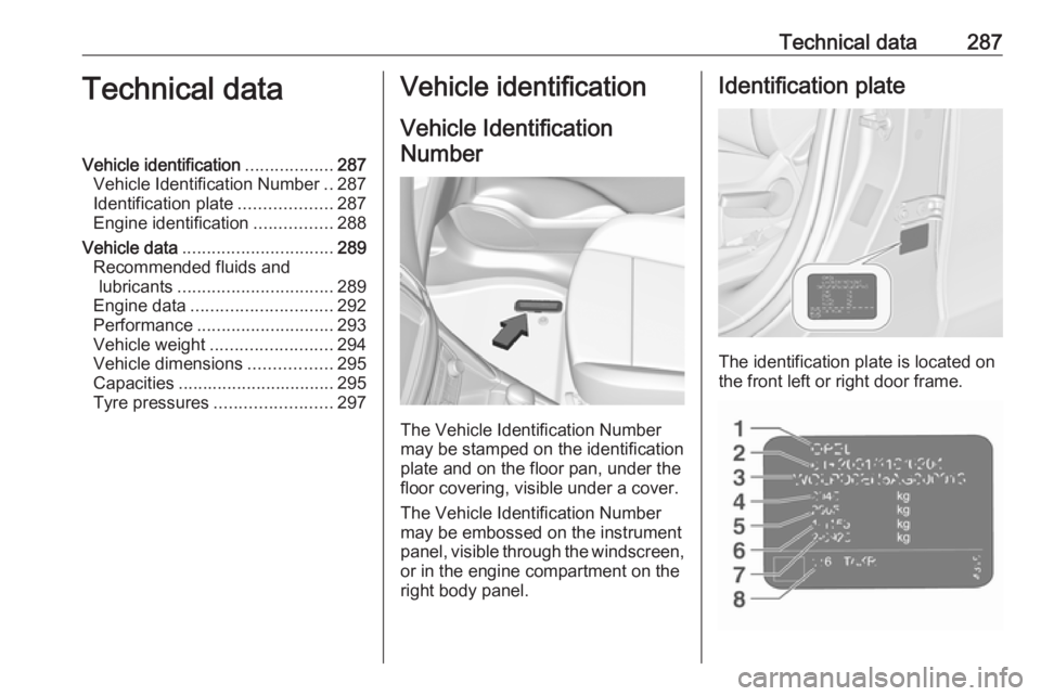 OPEL ZAFIRA TOURER 2019 Owners Manual Technical data287Technical dataVehicle identification..................287
Vehicle Identification Number ..287
Identification plate ...................287
Engine identification ................288
Veh OPEL ZAFIRA TOURER 2019 Owners Manual Technical data287Technical dataVehicle identification..................287
Vehicle Identification Number ..287
Identification plate ...................287
Engine identification ................288
Veh
