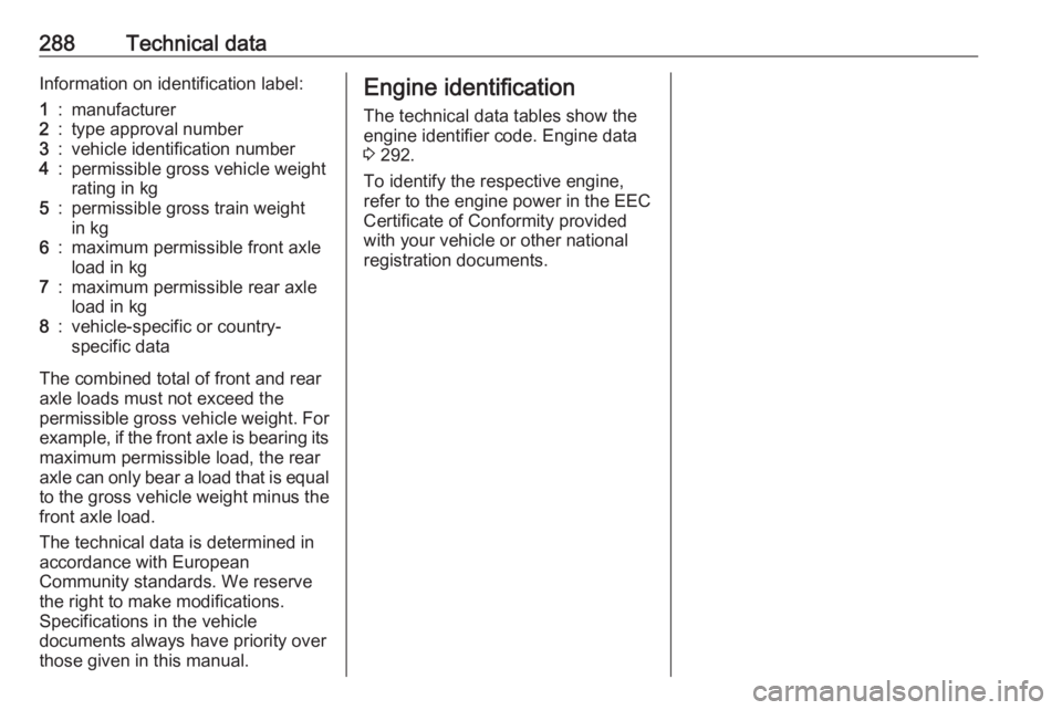 OPEL ZAFIRA TOURER 2019 Owners Manual 288Technical dataInformation on identification label:1:manufacturer2:type approval number3:vehicle identification number4:permissible gross vehicle weight
rating in kg5:permissible gross train weight
OPEL ZAFIRA TOURER 2019 Owners Manual 288Technical dataInformation on identification label:1:manufacturer2:type approval number3:vehicle identification number4:permissible gross vehicle weight
rating in kg5:permissible gross train weight