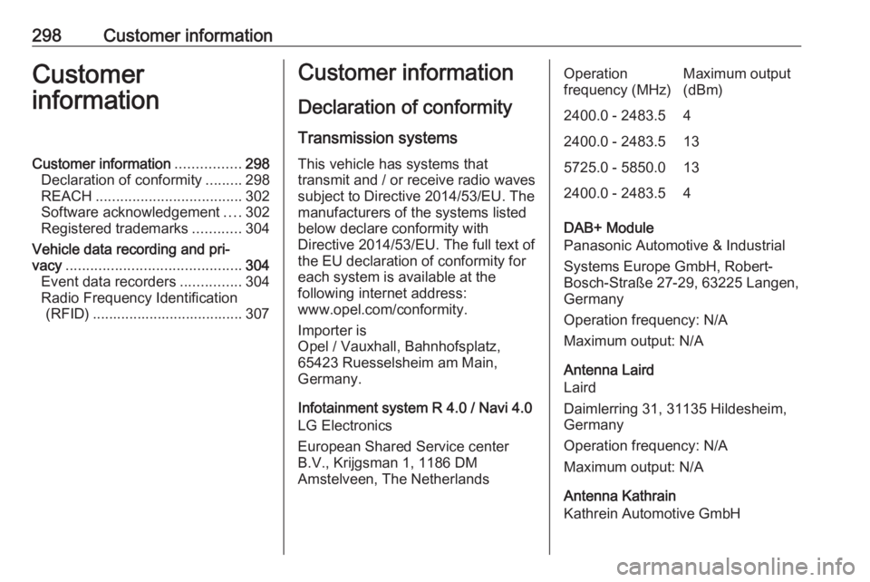 OPEL ZAFIRA TOURER 2019  Owners Manual 298Customer informationCustomer
informationCustomer information ................298
Declaration of conformity .........298
REACH .................................... 302
Software acknowledgement ....3