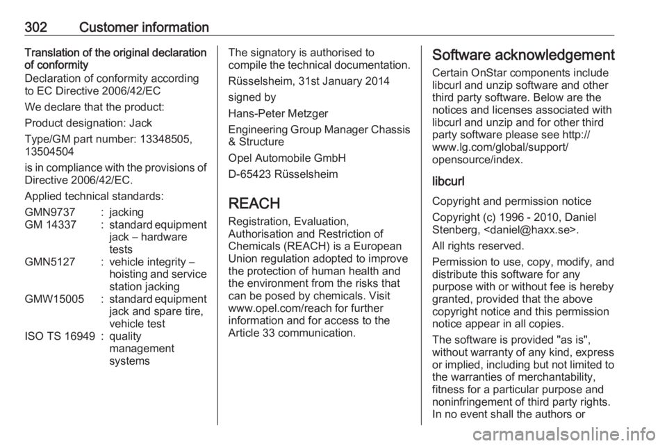 OPEL ZAFIRA TOURER 2019 Owners Manual 302Customer informationTranslation of the original declarationof conformity
Declaration of conformity according
to EC Directive 2006/42/EC
We declare that the product:
Product designation: Jack
Type/G OPEL ZAFIRA TOURER 2019 Owners Manual 302Customer informationTranslation of the original declarationof conformity
Declaration of conformity according
to EC Directive 2006/42/EC
We declare that the product:
Product designation: Jack
Type/G
