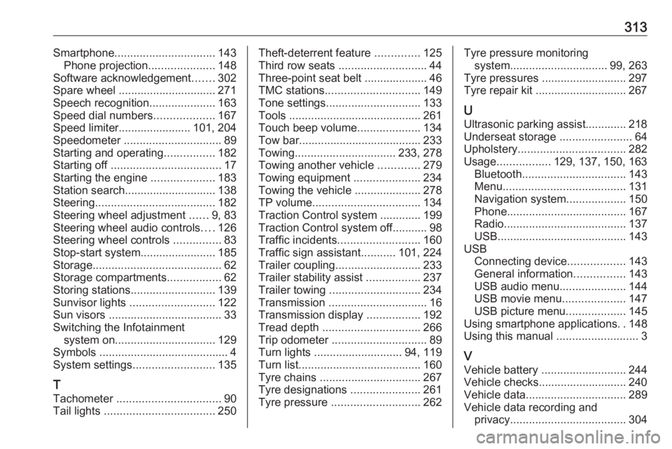 OPEL ZAFIRA TOURER 2019 Owners Manual 313Smartphone................................ 143
Phone projection .....................148
Software acknowledgement .......302
Spare wheel ............................... 271
Speech recognition ..... OPEL ZAFIRA TOURER 2019 Owners Manual 313Smartphone................................ 143
Phone projection .....................148
Software acknowledgement .......302
Spare wheel ............................... 271
Speech recognition .....
