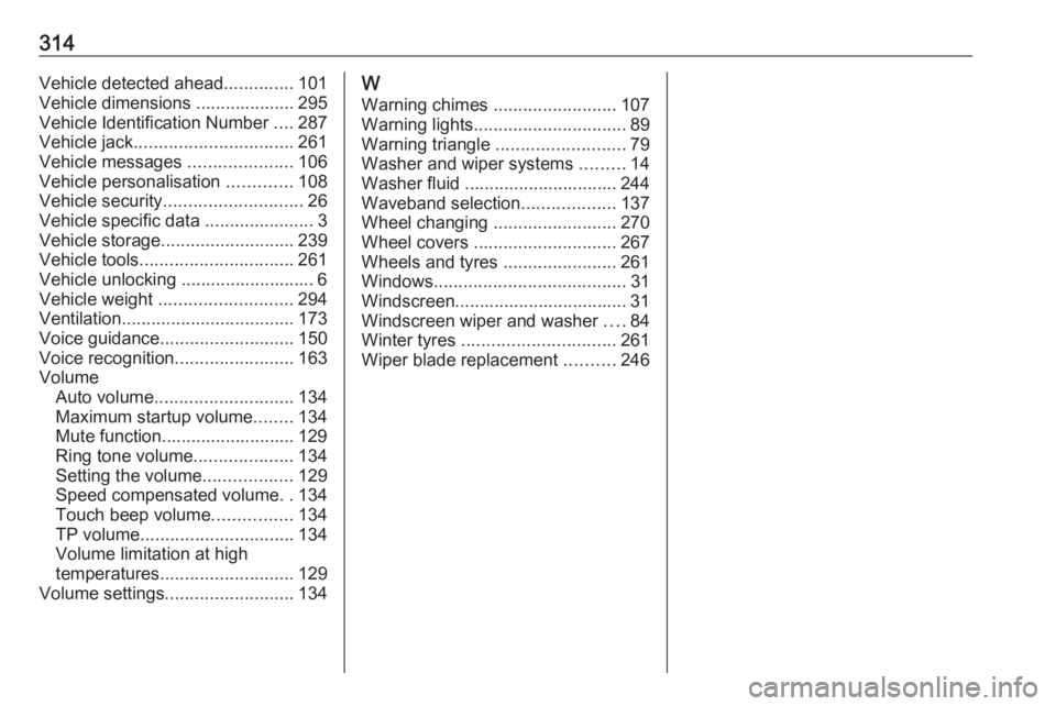 OPEL ZAFIRA TOURER 2019 Owners Manual 314Vehicle detected ahead..............101
Vehicle dimensions .................... 295
Vehicle Identification Number ....287
Vehicle jack ................................ 261
Vehicle messages ...... OPEL ZAFIRA TOURER 2019 Owners Manual 314Vehicle detected ahead..............101
Vehicle dimensions .................... 295
Vehicle Identification Number ....287
Vehicle jack ................................ 261
Vehicle messages ......