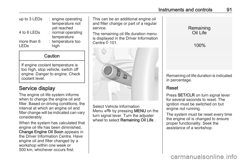 OPEL ZAFIRA TOURER 2019  Owners Manual Instruments and controls91up to 3 LEDs:engine operating
temperature not
yet reached4 to 6 LEDs:normal operating
temperaturemore than 6
LEDs:temperature too
highCaution
If engine coolant temperature is