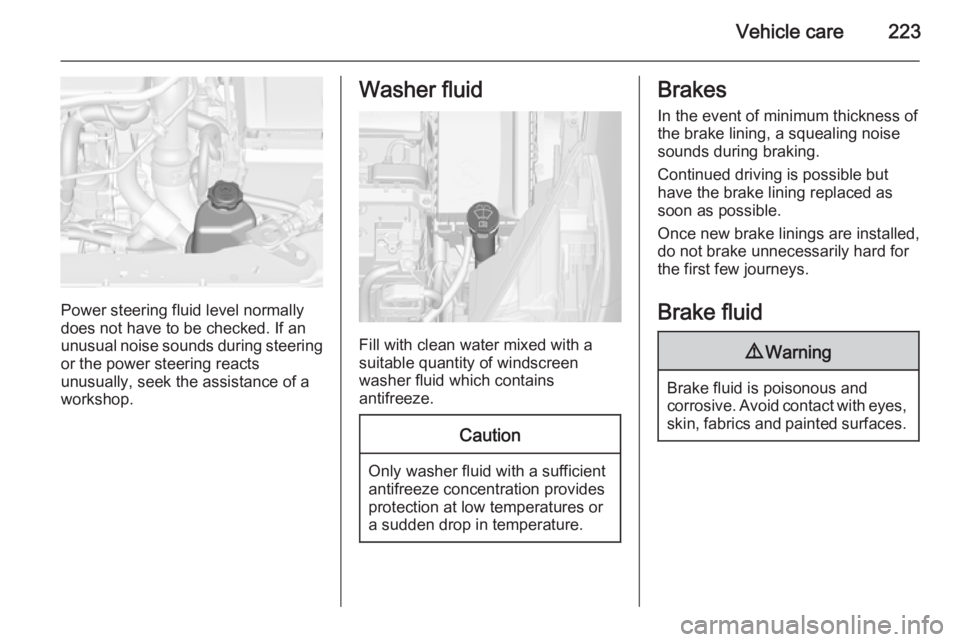 OPEL ZAFIRA TOURER 2015  Owners Manual Vehicle care223
Power steering fluid level normally
does not have to be checked. If an
unusual noise sounds during steering or the power steering reacts
unusually, seek the assistance of a
workshop.
W