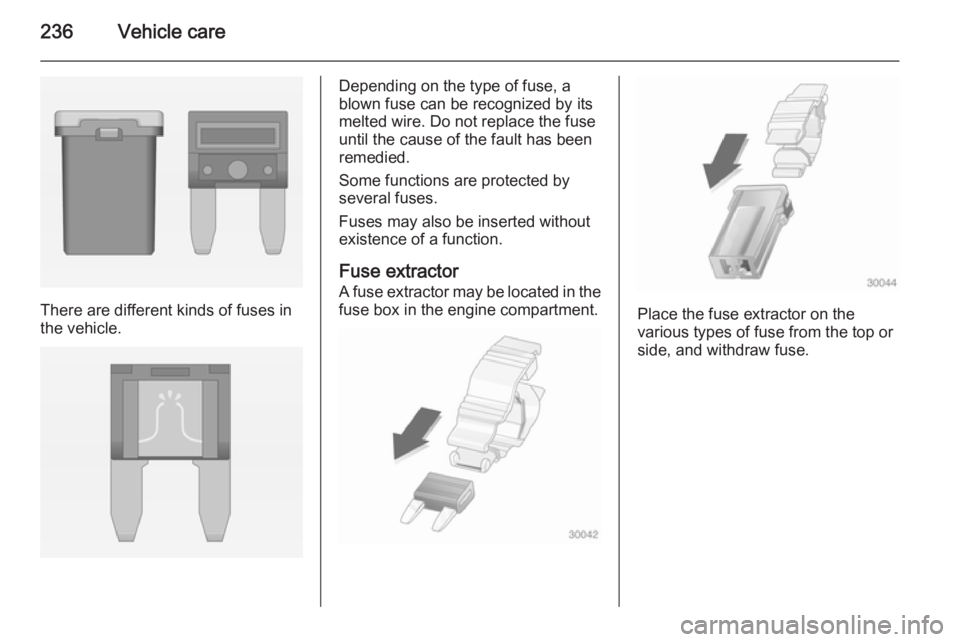 OPEL ZAFIRA TOURER 2015  Owners Manual 236Vehicle care
There are different kinds of fuses in
the vehicle.
Depending on the type of fuse, a
blown fuse can be recognized by its
melted wire. Do not replace the fuse until the cause of the faul