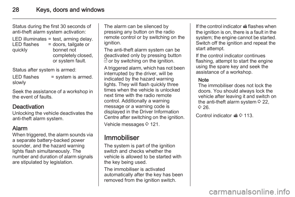 OPEL ZAFIRA TOURER 2015  Owners Manual 28Keys, doors and windows
Status during the first 30 seconds of
anti-theft alarm system activation:LED illuminates=test, arming delay.LED flashes
quickly=doors, tailgate or
bonnet not
completely close