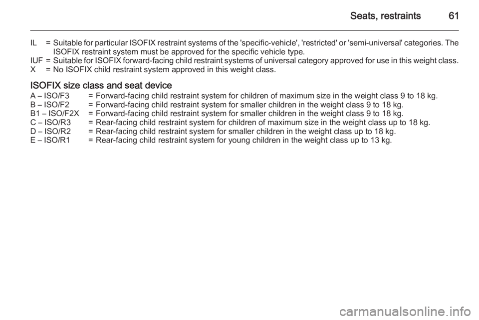 OPEL ZAFIRA TOURER 2015 Repair Manual Seats, restraints61
IL=Suitable for particular ISOFIX restraint systems of the 'specific-vehicle', 'restricted' or 'semi-universal' categories. The
ISOFIX restraint system must OPEL ZAFIRA TOURER 2015 Repair Manual Seats, restraints61
IL=Suitable for particular ISOFIX restraint systems of the 'specific-vehicle', 'restricted' or 'semi-universal' categories. The
ISOFIX restraint system must